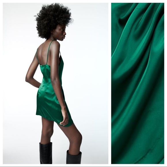 🌹NWT. Zara Satin Effect Green Ruched Mini Dress. Size S - Picture 5 of 13